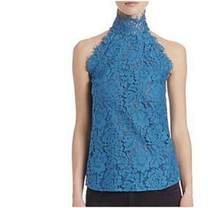 Diane‎ Von Furstenberg Women's Small Jemmie Blue Lace High Neck Sleeveless Top
